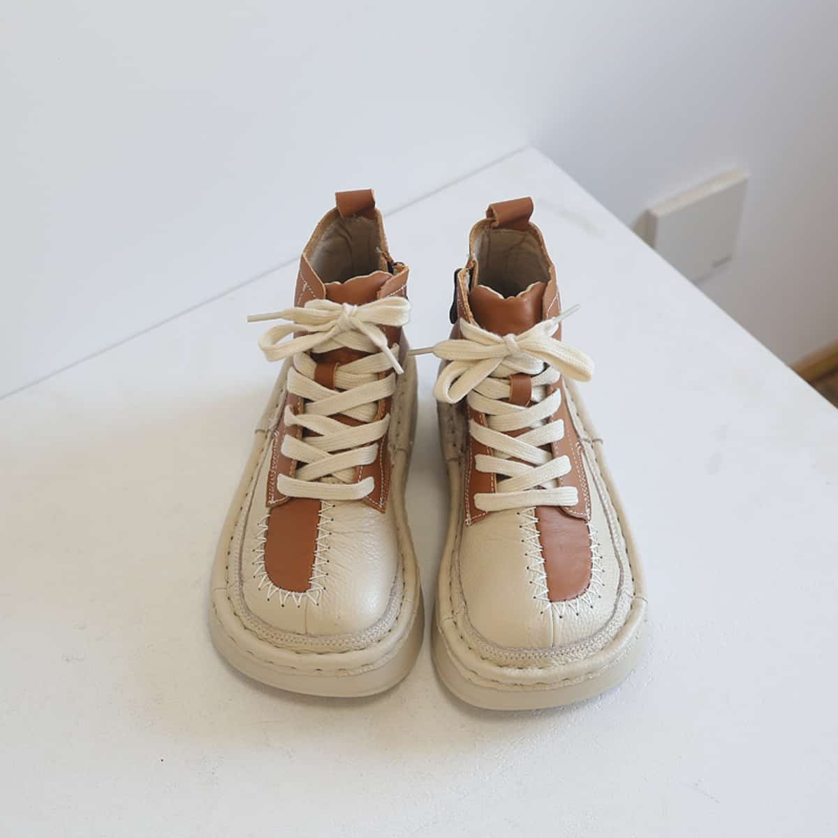 Leather color matching round head lace-up platform big head shoes personalized short boots women