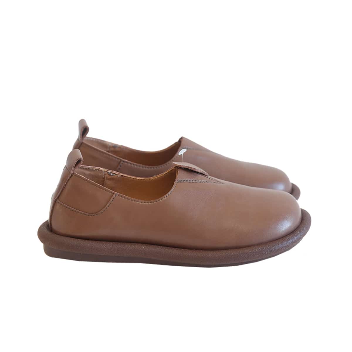 Leather round head flat shoes, one stretch foot, shallow mouth, comfortable soft sole, low heel single shoes summer