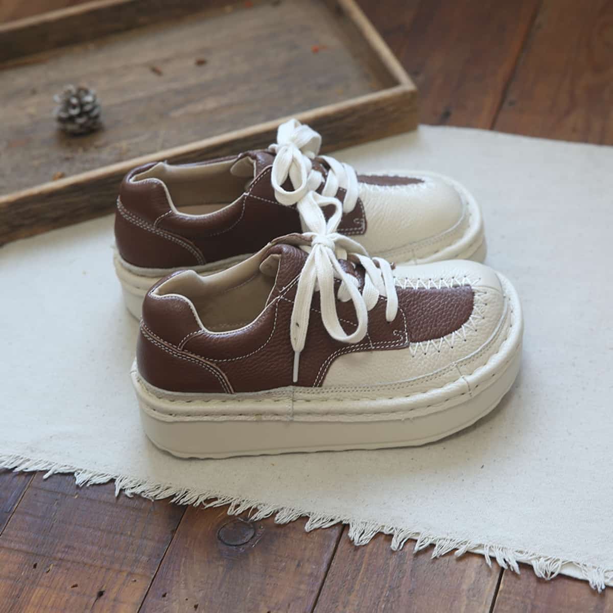 Leather round head lace-up thick-soled big-head shoes autumn and winter muffin soles comfortable single shoes