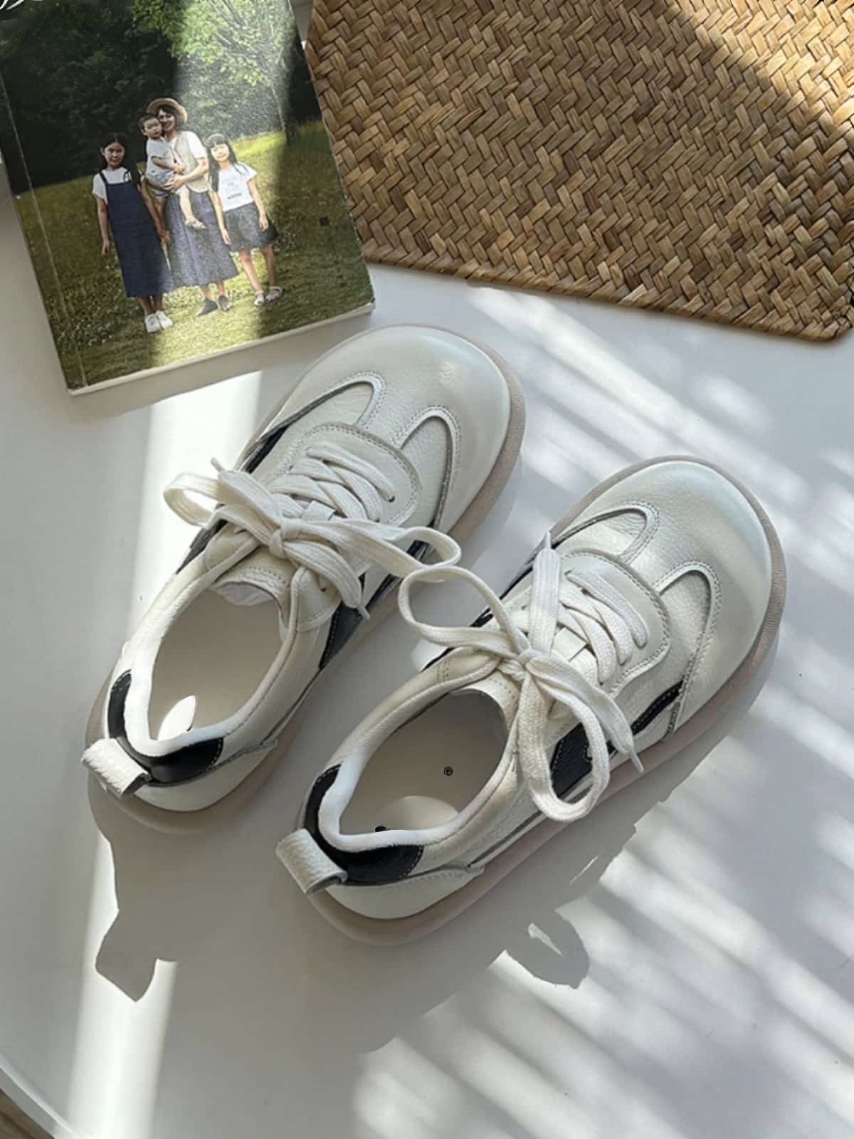 Leather round head strappy flat shoes comfortable soft sole color matching shoes little white shoes autumn