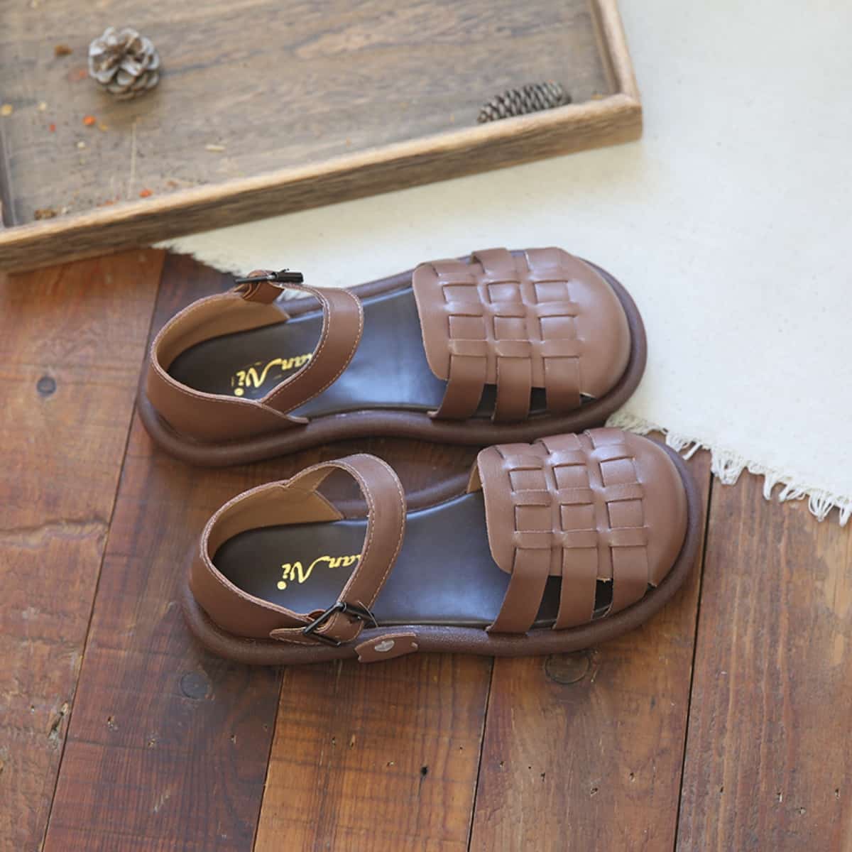 Leather hollowed-out bag head flats summer hand-woven one-word strap black Roman sandals