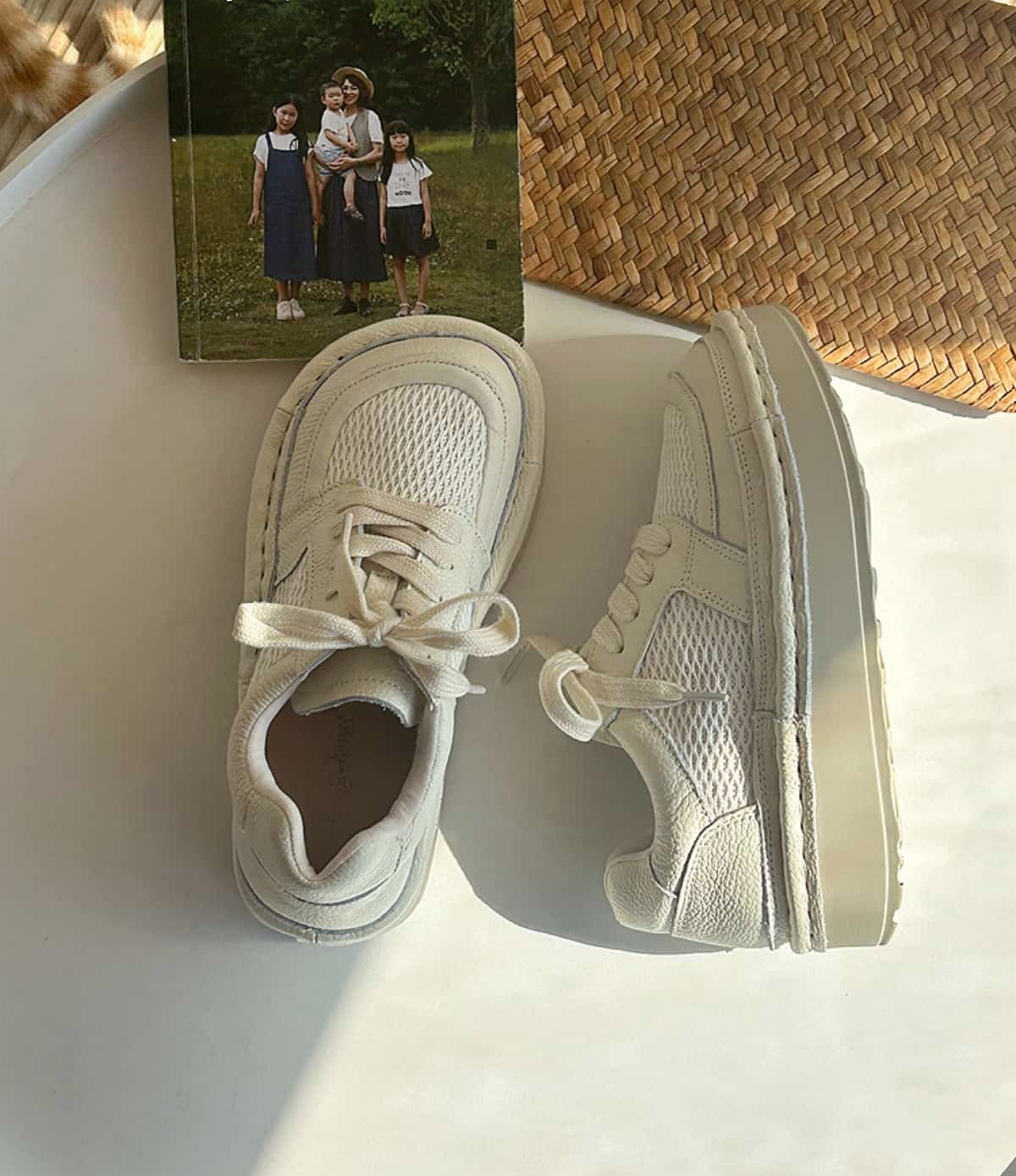 Leather round head lace-up shoes summer breathable mesh shoes handmade cowhide thick-soled big head shoes