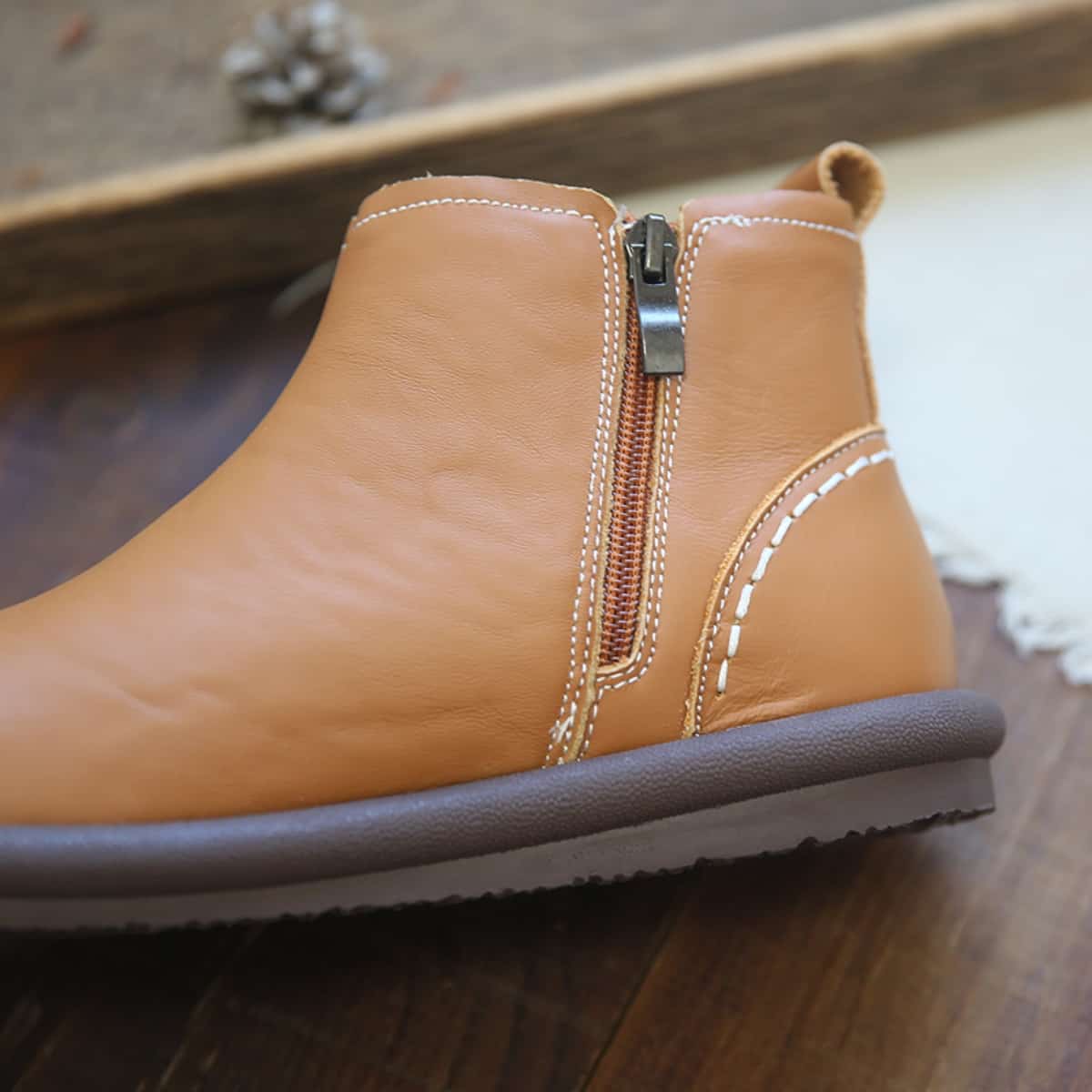 Leather round head flat bottom short boots autumn new side zipper comfortable low heel women's boots