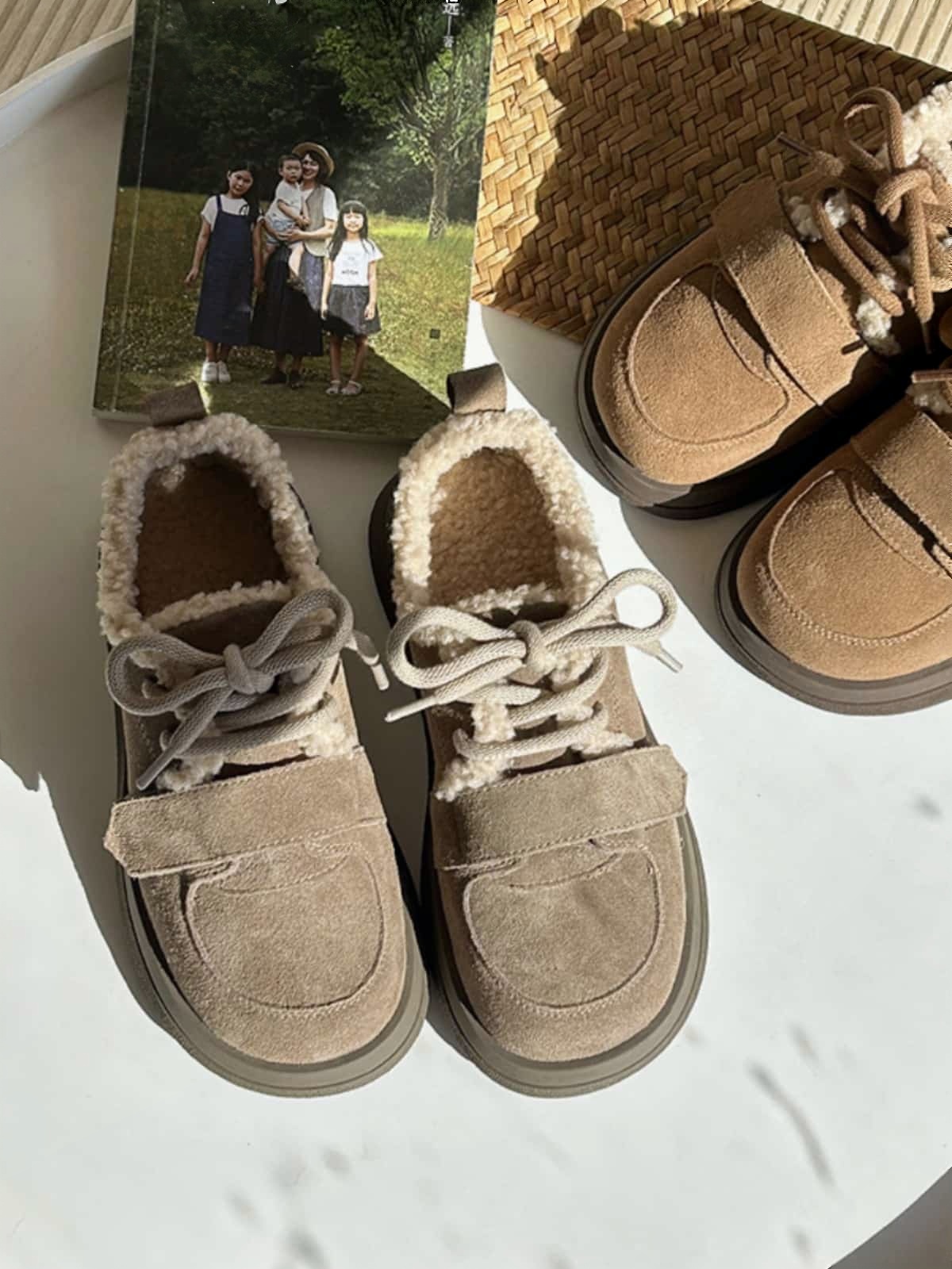 Leather round head thick-soled snow boots winter imitation lamb wool cute thermal shoes