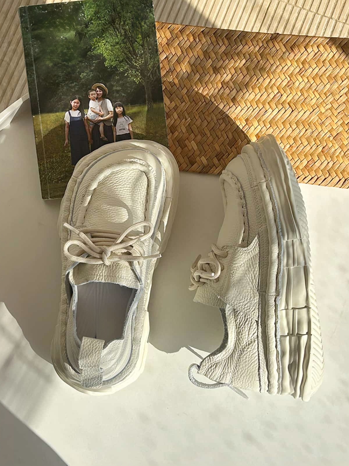 Leather round head lace-up thick-soled big head shoes spring height-increasing white shoes