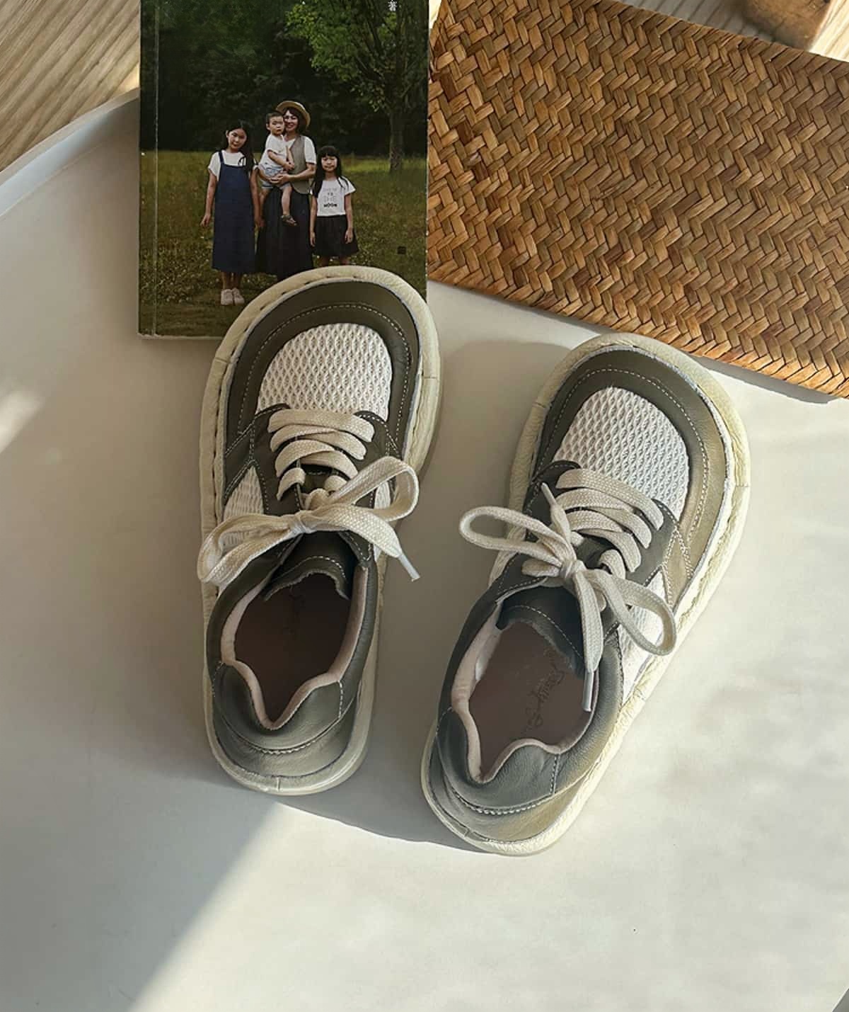 Leather round head lace-up shoes summer breathable mesh shoes handmade cowhide thick-soled big head shoes