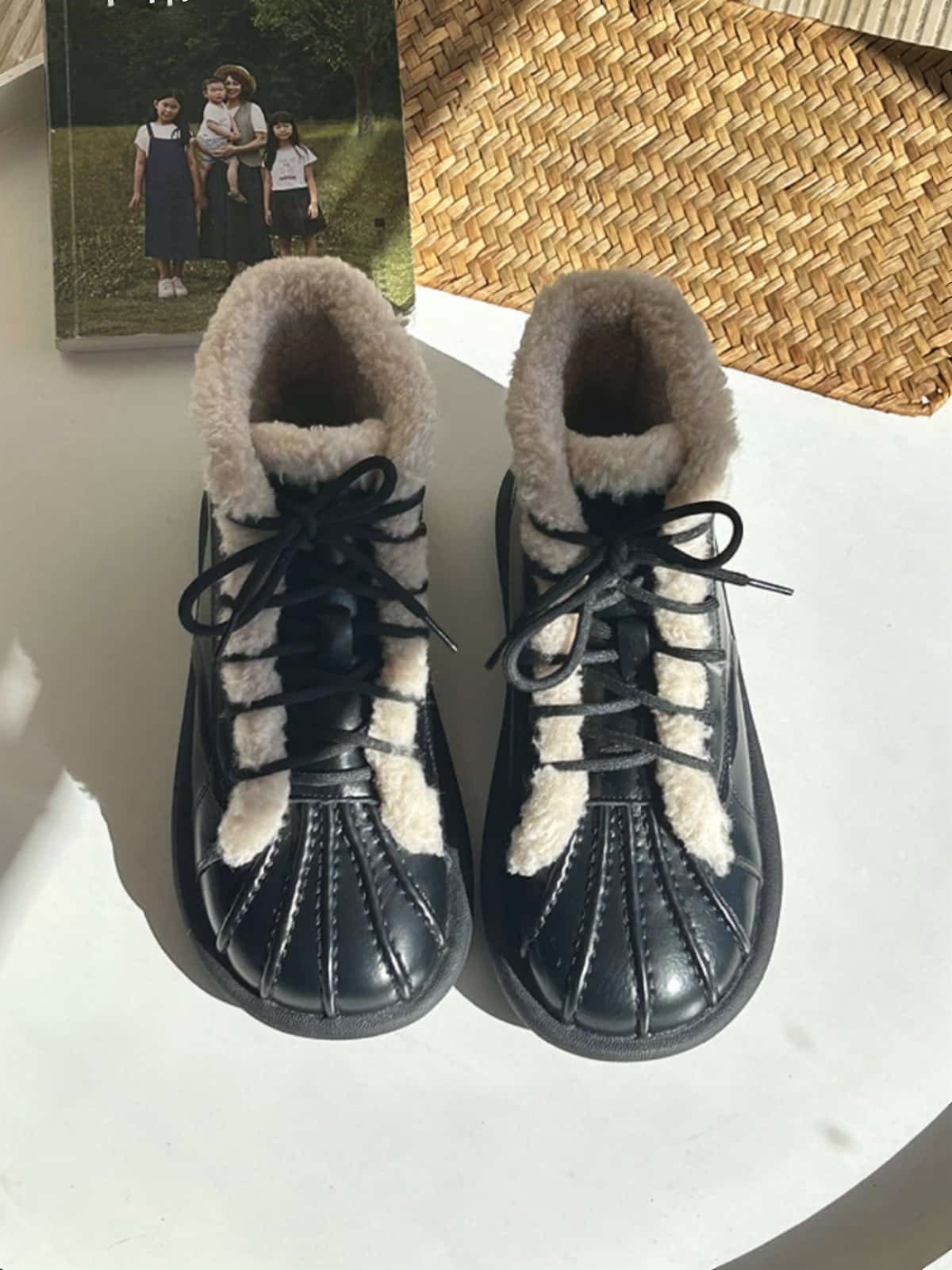 Imitation lamb wool round head lace-up short boots winter glossy flat-bottomed small leather boots snow boots