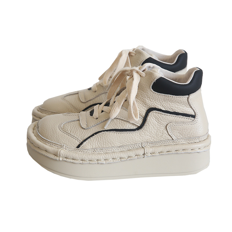 Leather round head lace-up platform big head shoes heightening short boots women's autumn