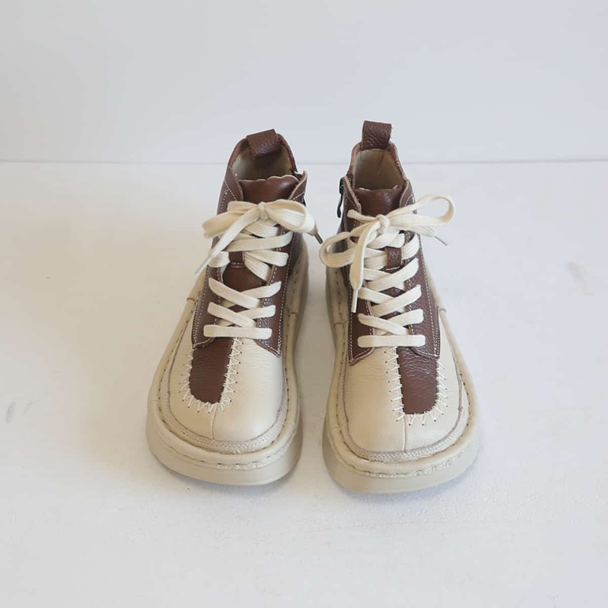 Leather color matching round head lace-up platform big head shoes personalized short boots women