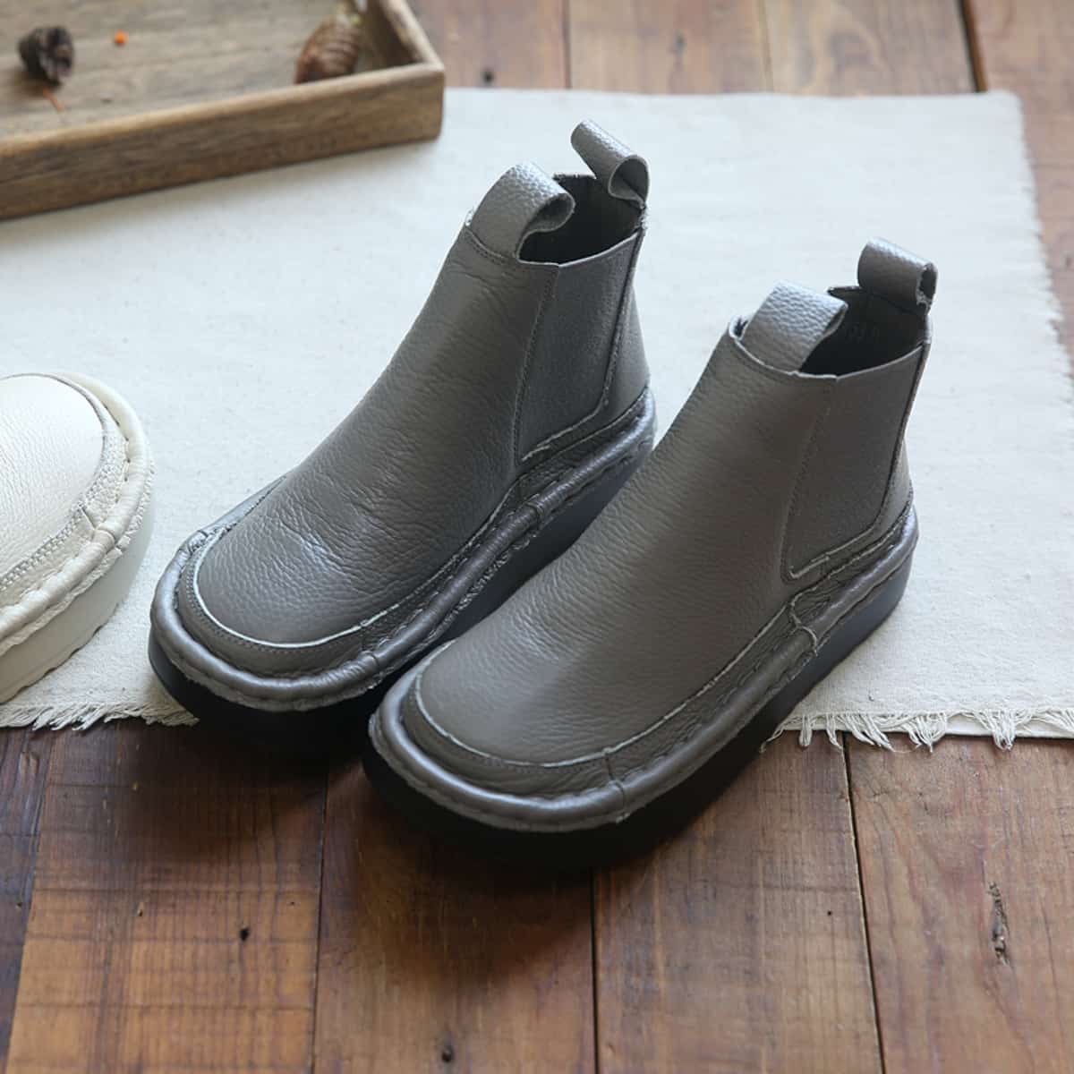 Leather round head platform big head shoes short boots cigarette boots women's autumn