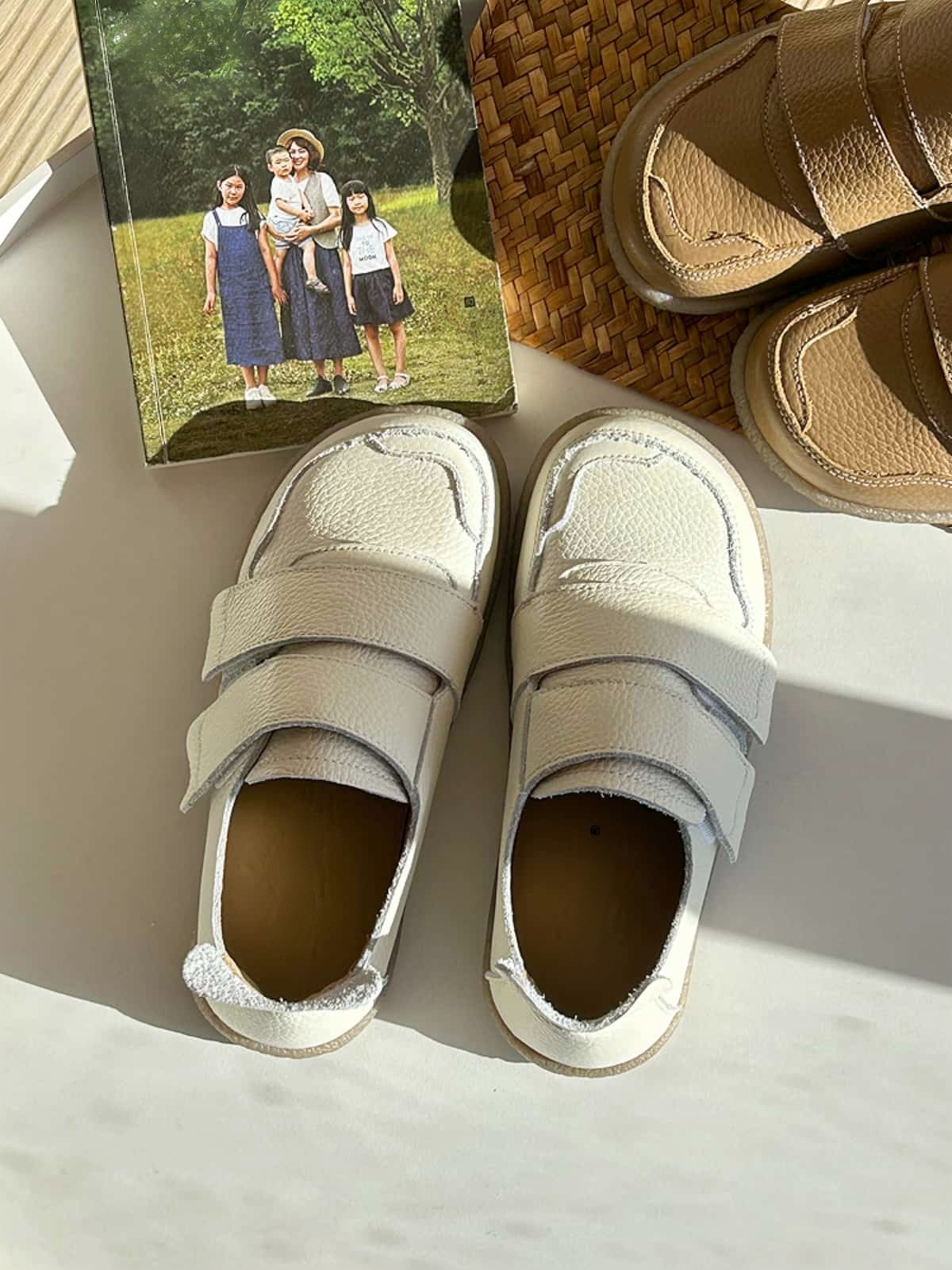 Leather Round Head Flat Shoes Velcro Soft Sole Versatile Little White Shoes