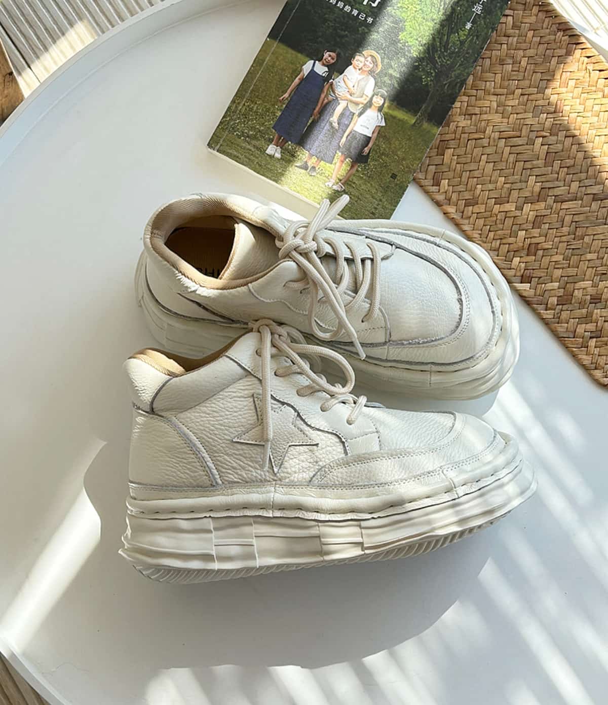 Leather round head lace-up platform big head shoes and short boots