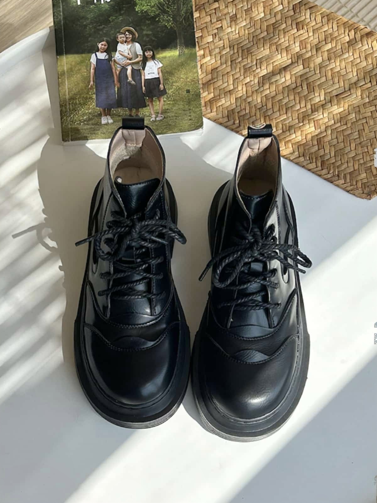 Round head lace-up thick-soled big-head Martin boots autumn black versatile short boots women