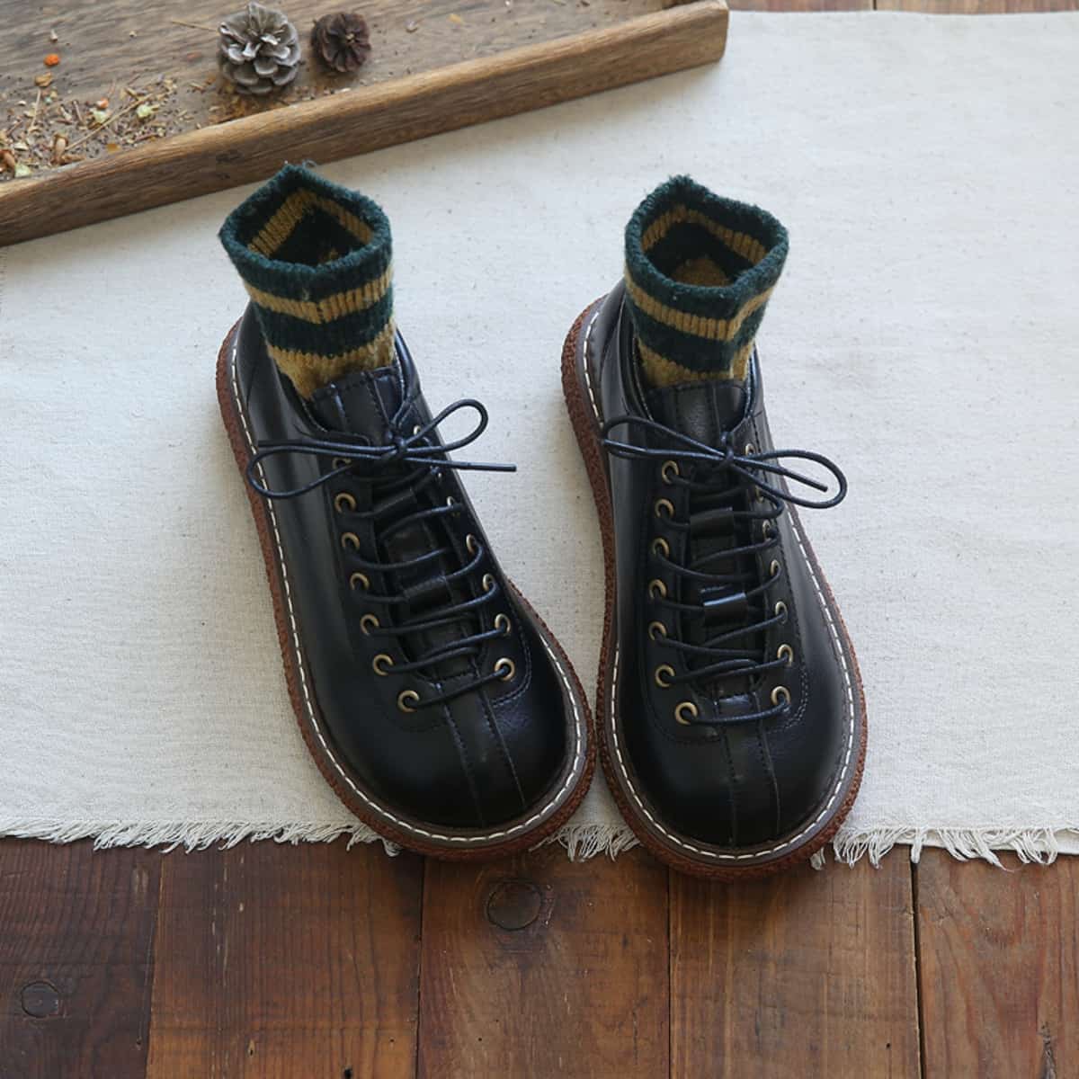 Round head lace-up thick-soled big head shoes, new early autumn versatile leather shoes, single shoes for women