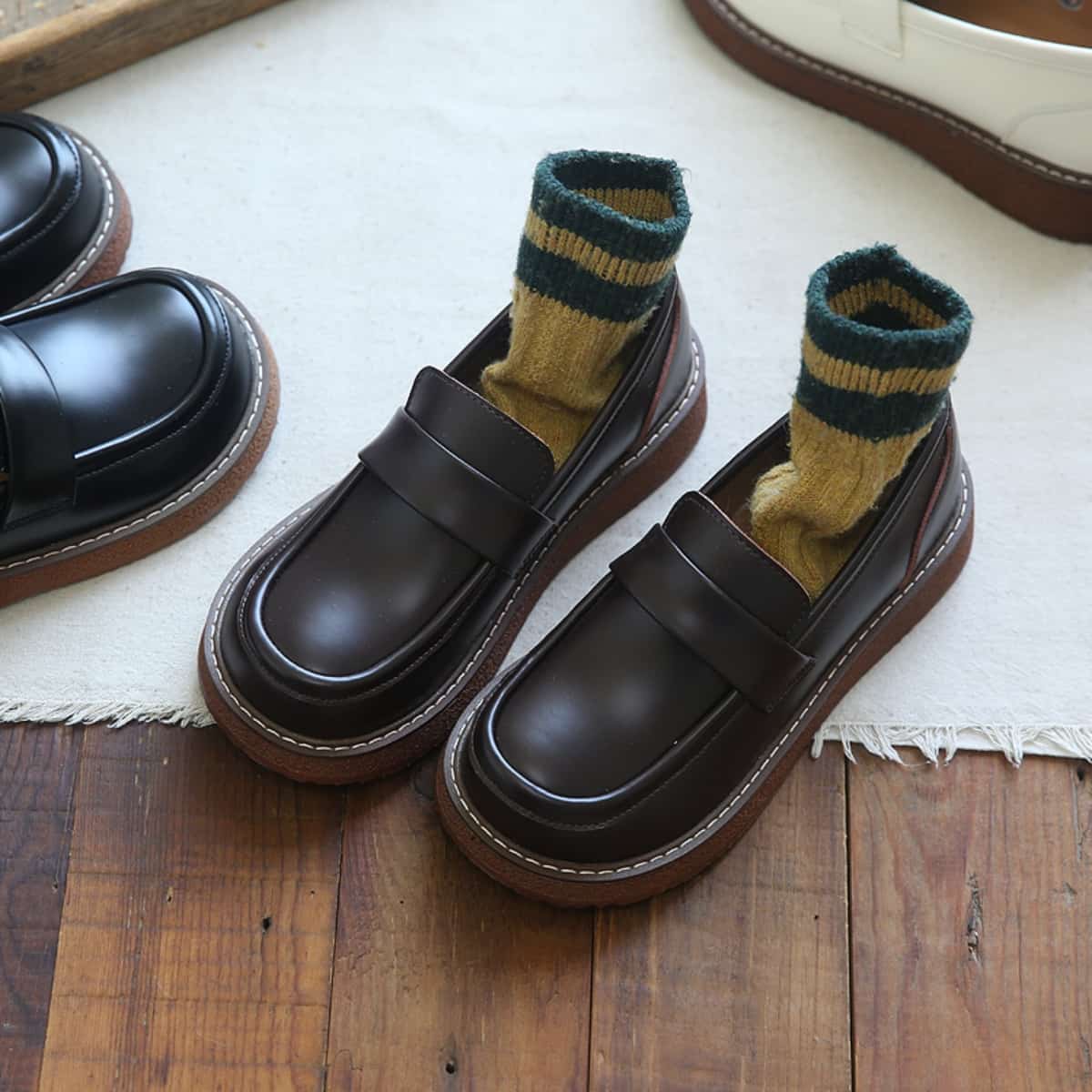 Leather round head platform big head shoes college style versatile uniform shoes small leather shoes single shoes women