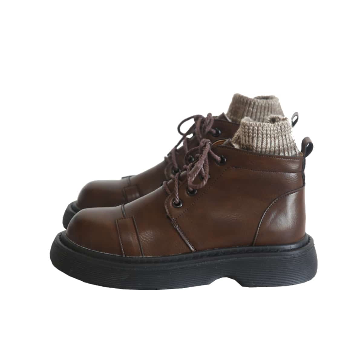 Glossy round head lace-up thick-soled big head shoes winter wool mouth velvet personalized versatile Martin boots women