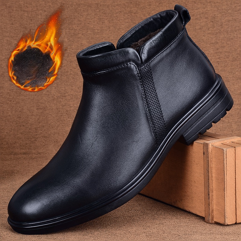 High-top leather men's shoes winter business casual men's leather shoes velvet thermal cotton shoes men's zipper Martin boots