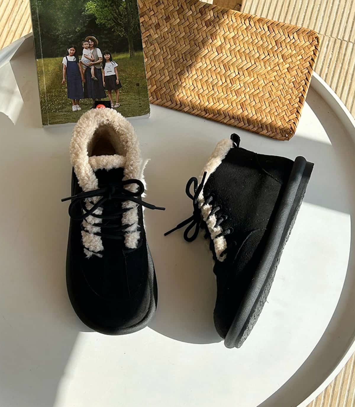 Imitation lamb wool round head strap-up flat-bottomed short boots winter velvet snow boots