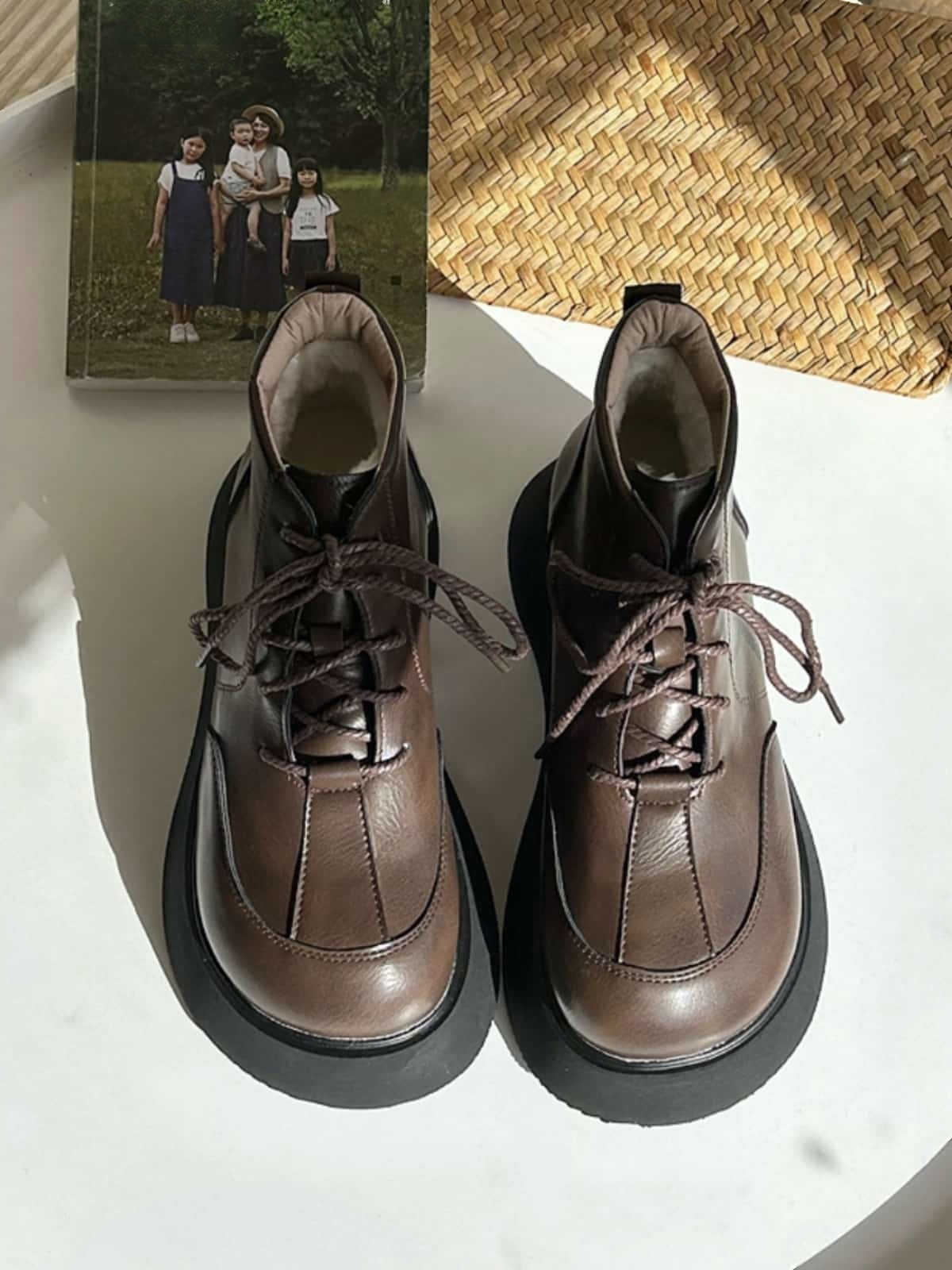 Round head strappy thick-soled Martin boots winter black versatile muffin bottom short boots