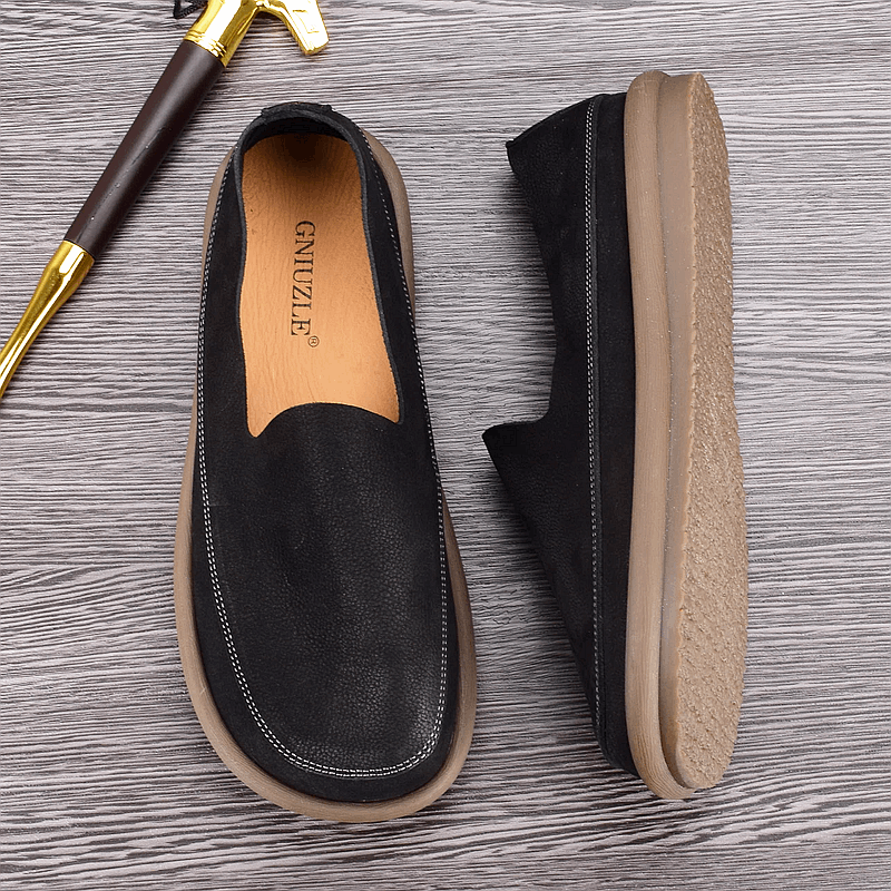Loafers men's leather soft sole casual big head leather shoes loose round head one pedal lazy shoes breathable