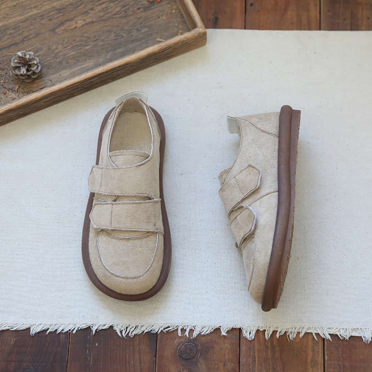 Suede Round Head Flat Shoes Student Velcro Soft Sole Shoes Single Shoes