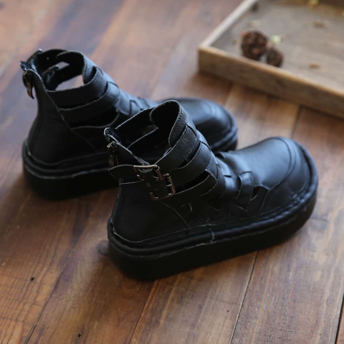 Leather Hollow Round Head Platform Big Head Shoes Fashion High Top Roman Sandals Women