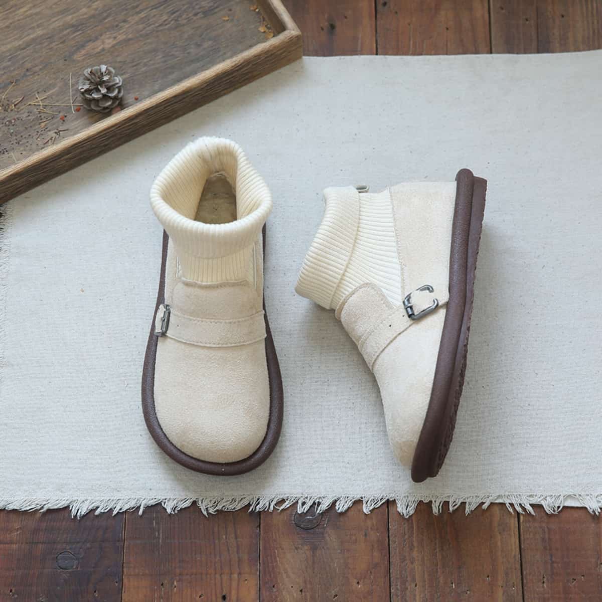 Suede round head flat shoes autumn and winter fleece comfortable low-heeled elastic socks boots short boots