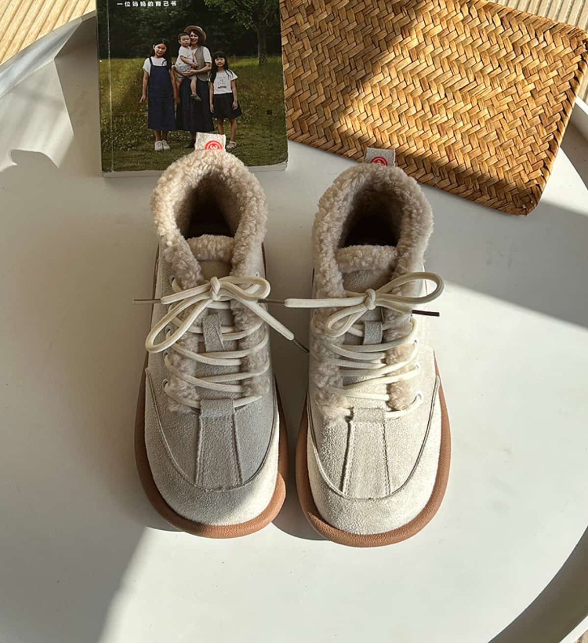 Imitation lamb wool round head strap-up flat-bottomed short boots winter velvet snow boots