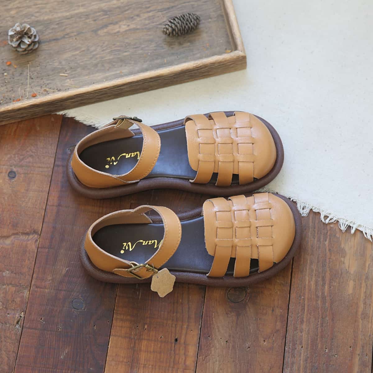 Leather hollowed-out bag head flats summer hand-woven one-word strap black Roman sandals