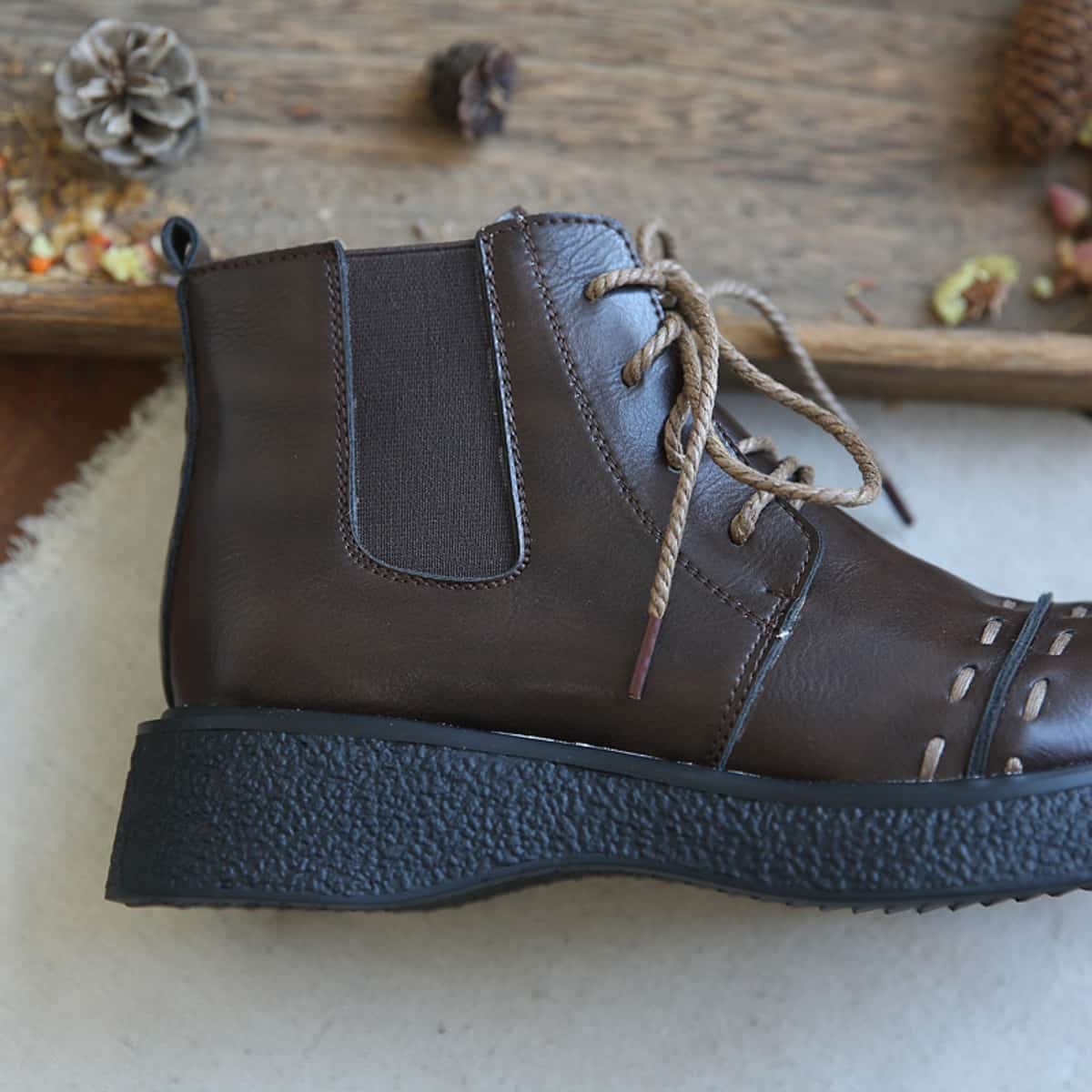 Glossy round head lace-up platform big head shoes black heightening locomotive boots Martin boots women's autumn