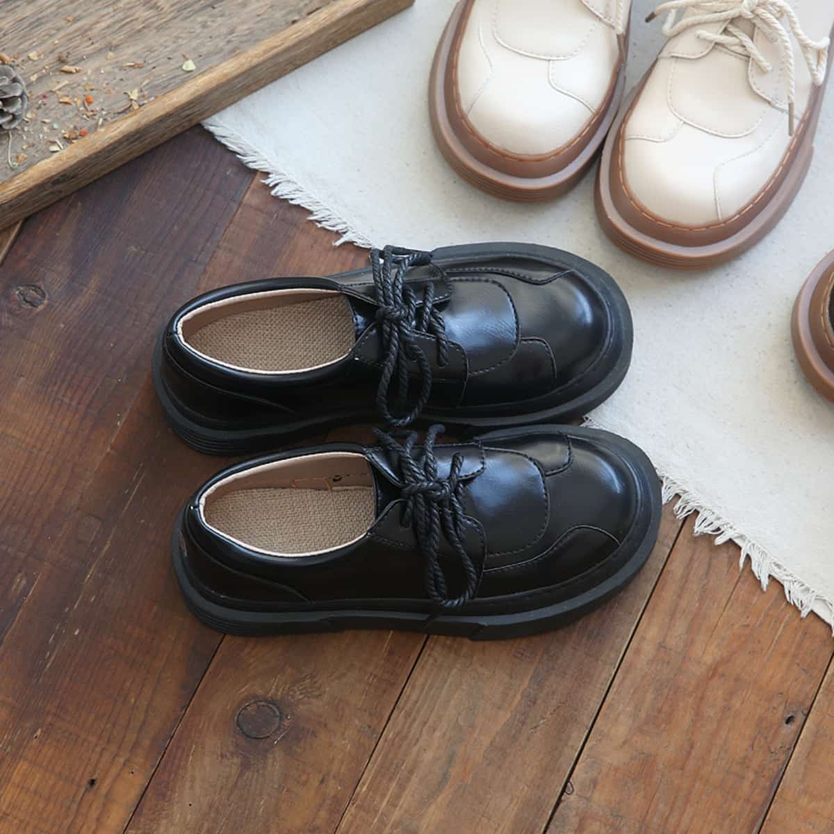 Round head lace-up platform big head shoes college comfortable black small leather shoes single shoes women