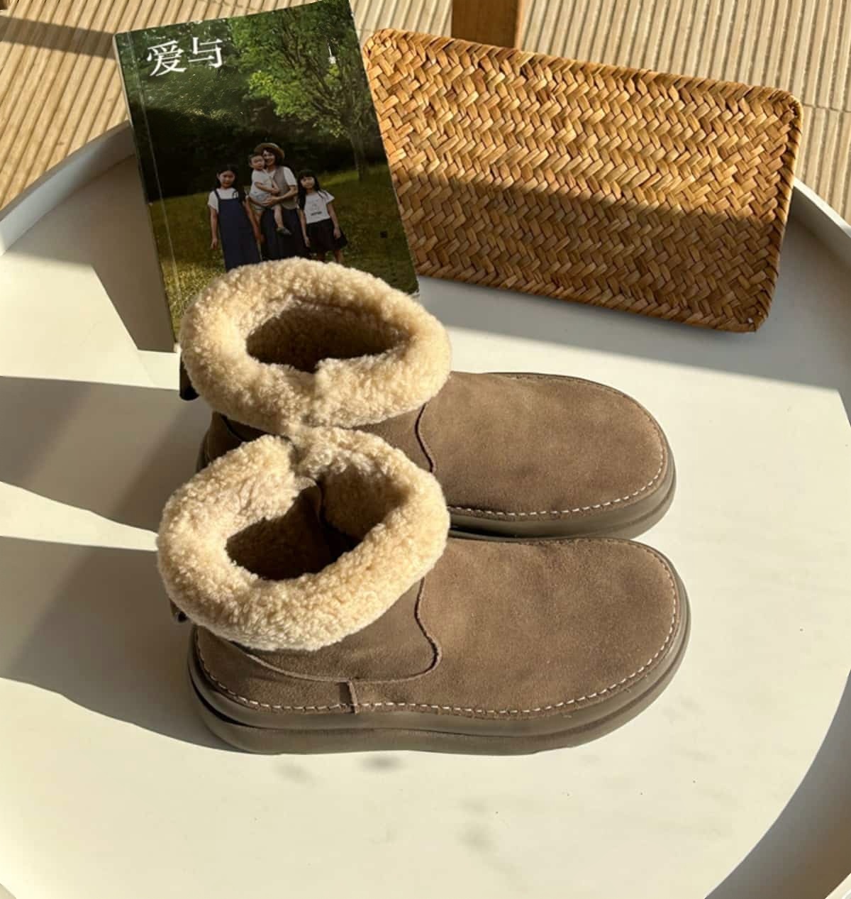 Leather imitation lamb wool round head thick-soled short boots winter warm snow boots