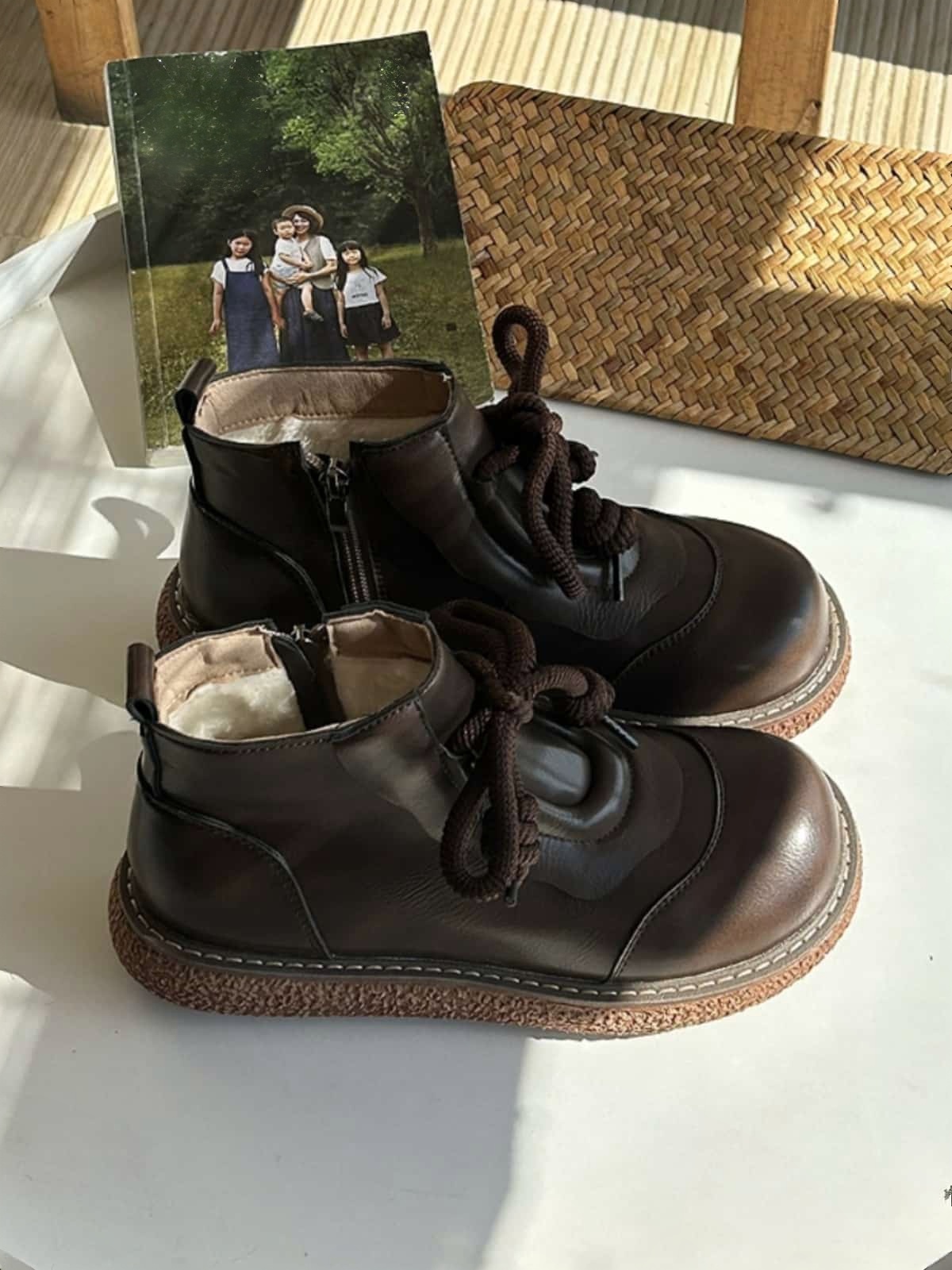 Round head lace-up platform big head shoes winter mid-heel small leather shoes short boots women