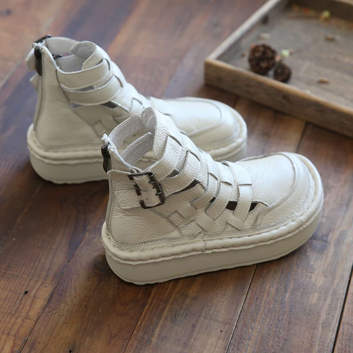 Leather Hollow Round Head Platform Big Head Shoes Fashion High Top Roman Sandals Women