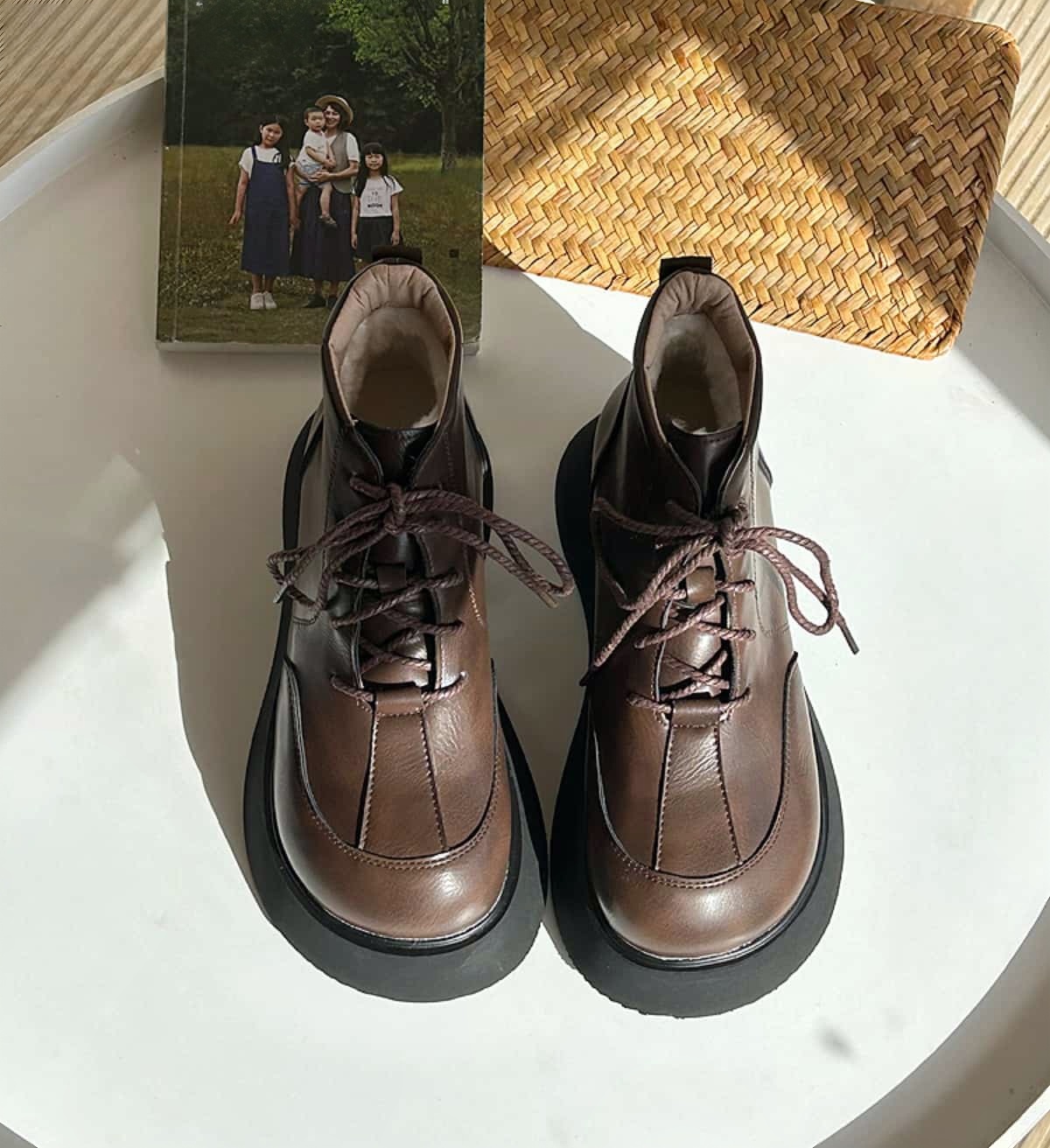 Round head strappy thick-soled Martin boots winter black versatile muffin bottom short boots