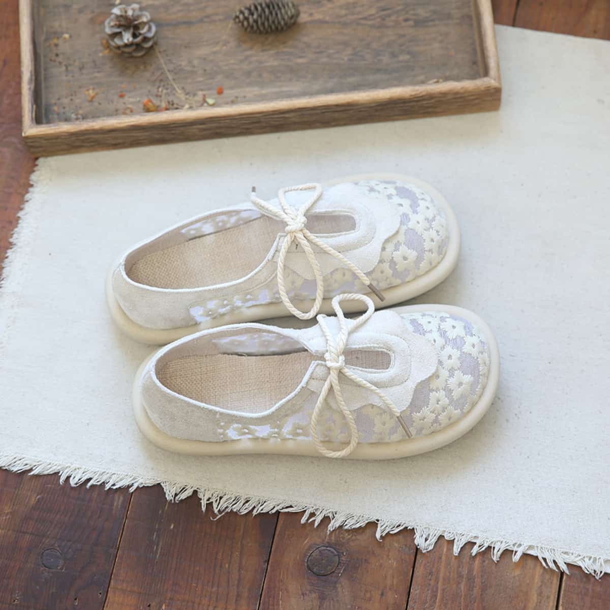 Mesh daisy round head shallow mouth flats summer sweet ruffle edge lace up comfortable single shoes