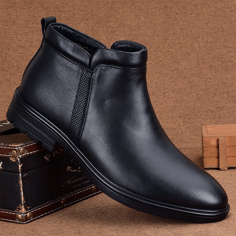 High-top leather men's shoes winter business casual men's leather shoes velvet thermal cotton shoes men's zipper Martin boots