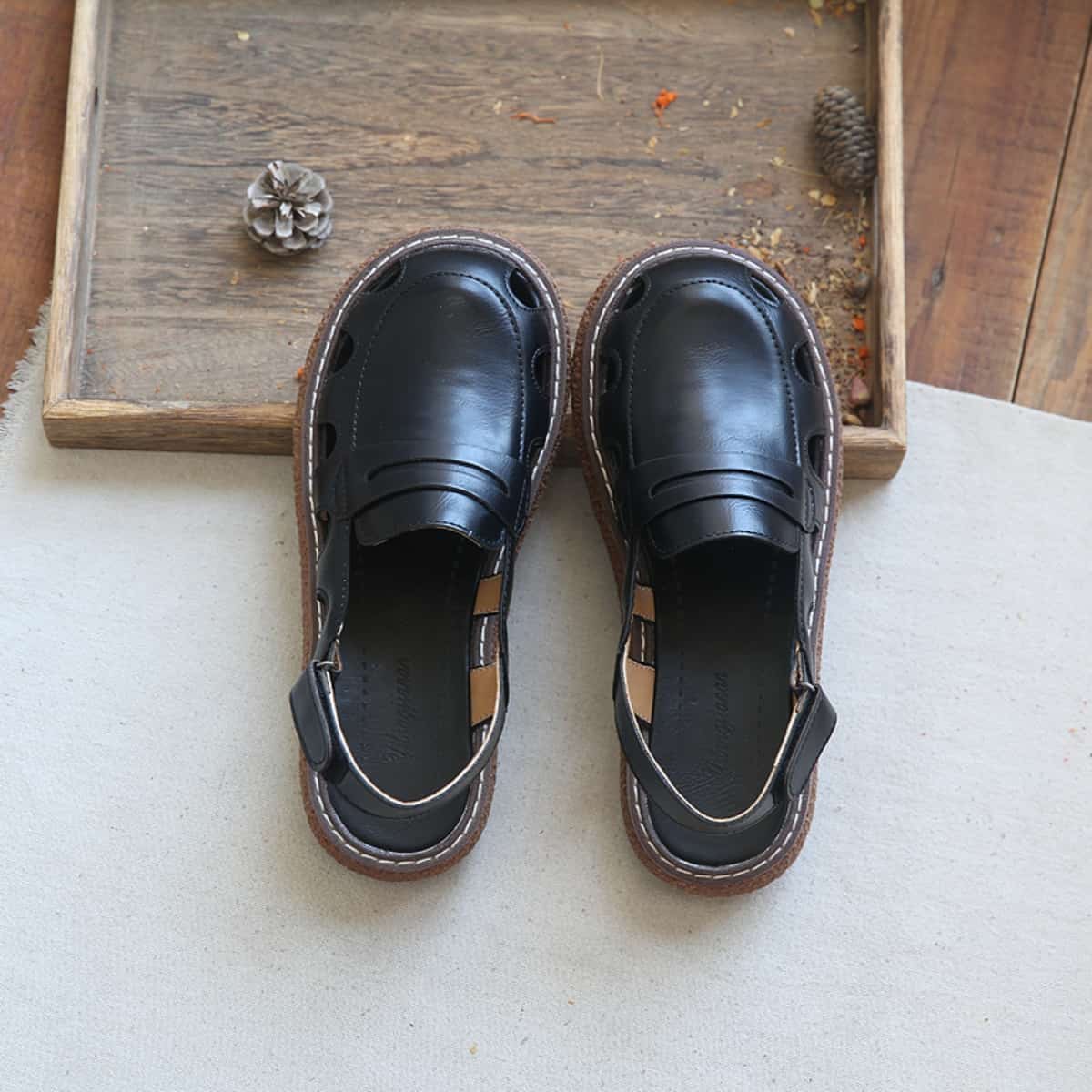 Hollow round head platform big head sandals summer Velcro beige mid-heel Roman shoes