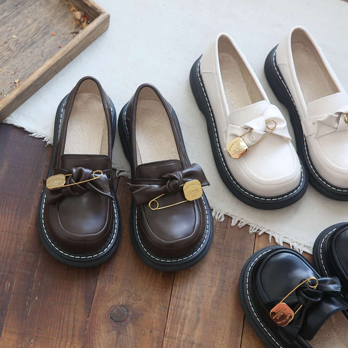 Round head thick sole big head shoes cute bow comfortable small leather shoes single shoes women