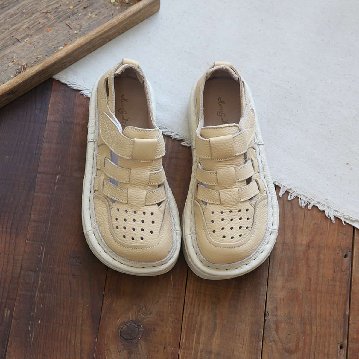 Leather hollow round head platform big head shoes summer middle heel Roman sandals