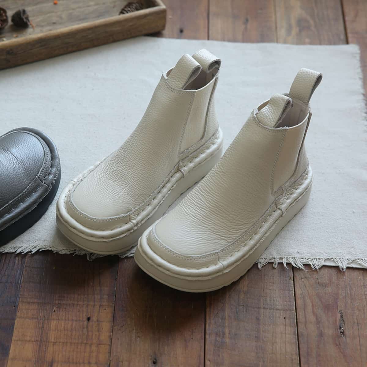 Leather round head platform big head shoes short boots cigarette boots women's autumn