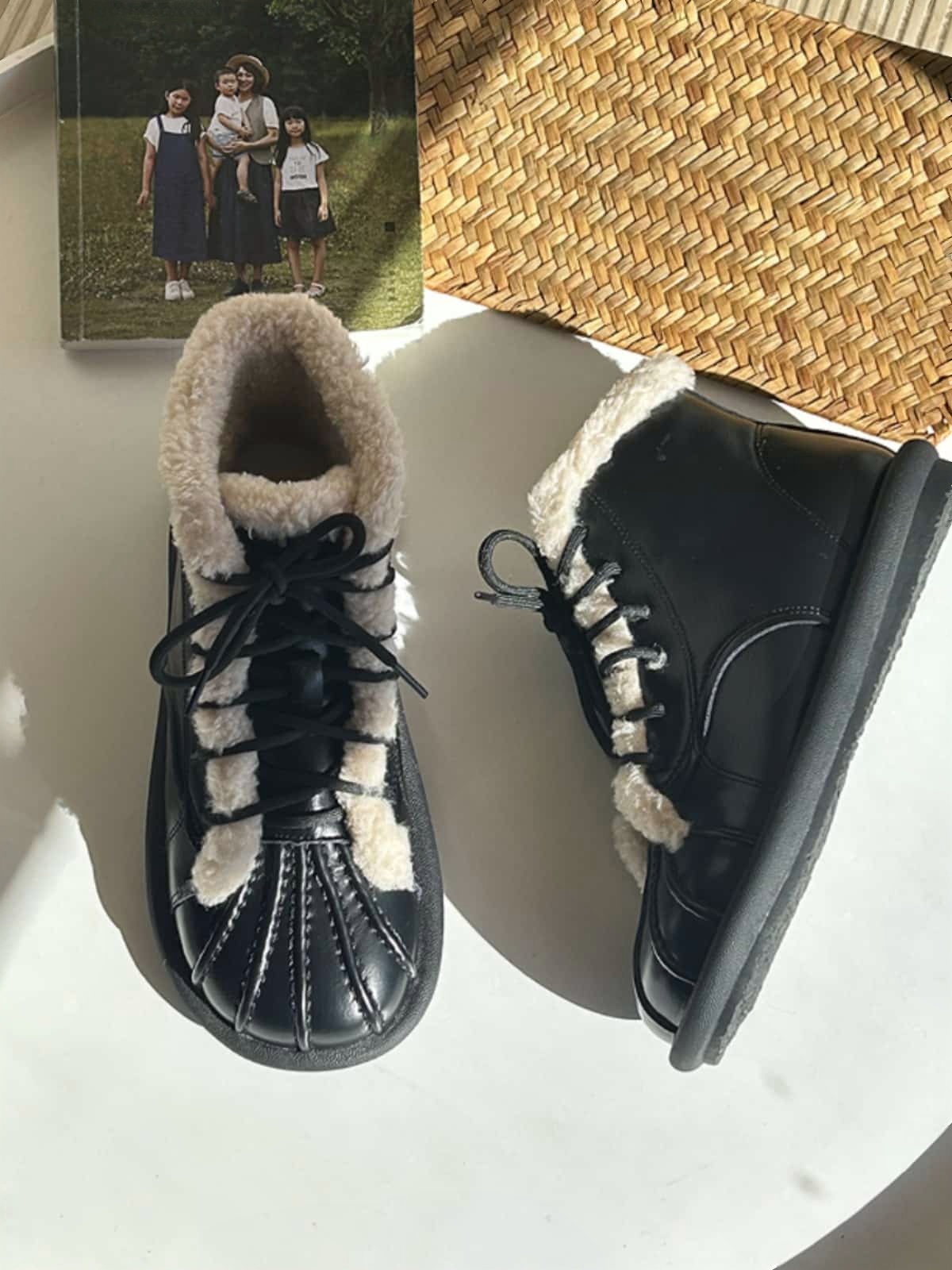 Imitation lamb wool round head lace-up short boots winter glossy flat-bottomed small leather boots snow boots