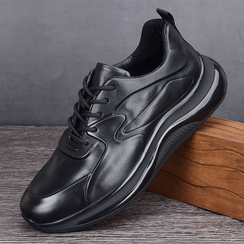 Leather thick-soled black breathable sneakers men's lace-up shock-absorbing air cushion bottom first-layer cowhide running shoes