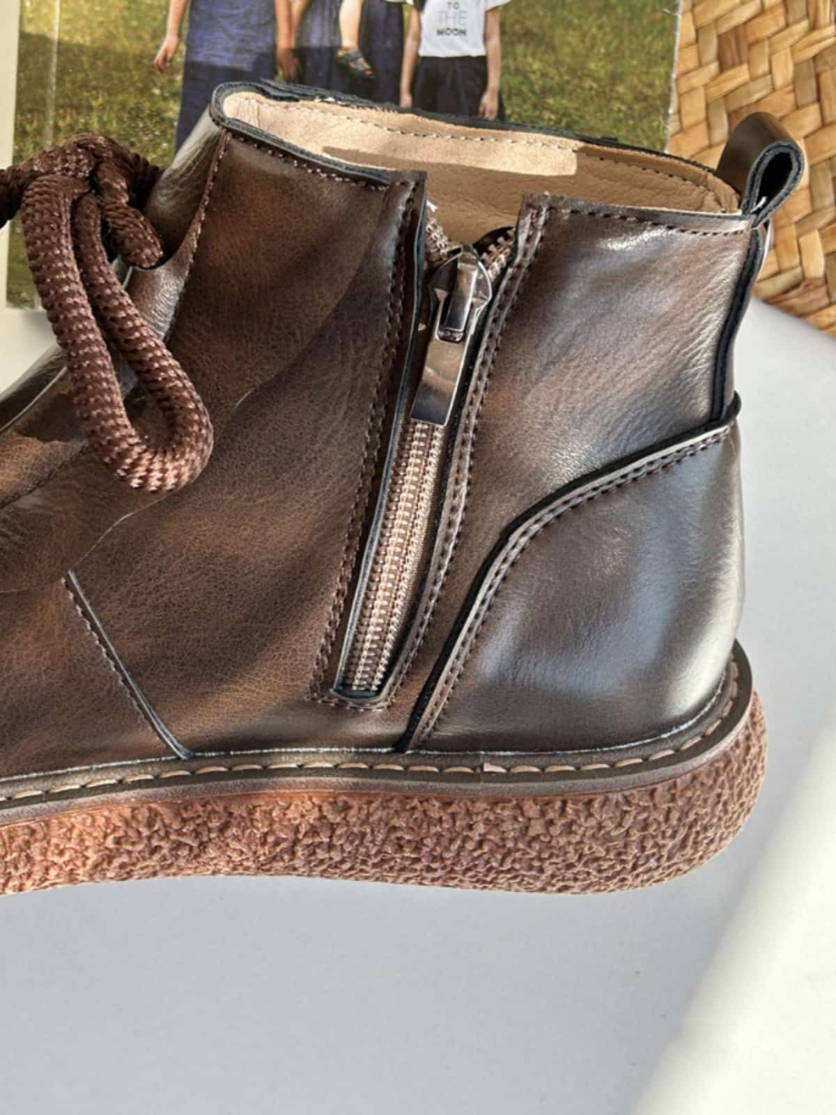 Round head lace-up platform big head shoes winter mid-heel small leather shoes short boots women