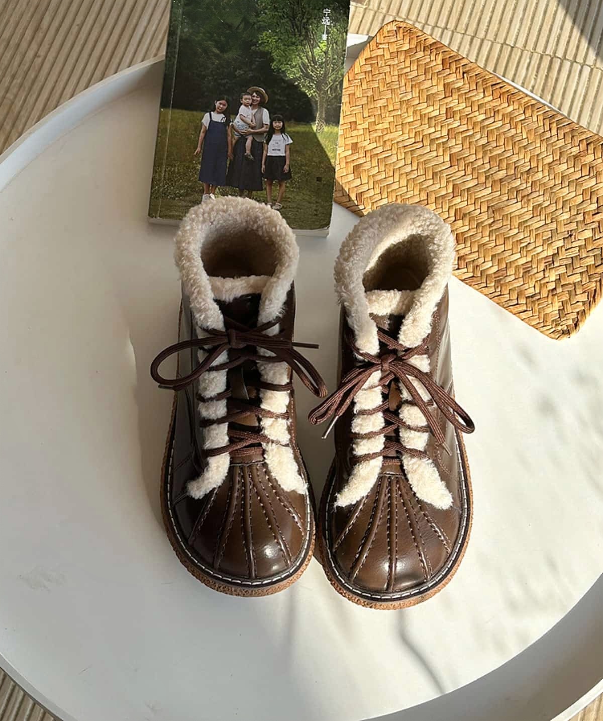 Imitation lamb wool round head thickness big head shoes winter lace-up warm small leather shoes short boots