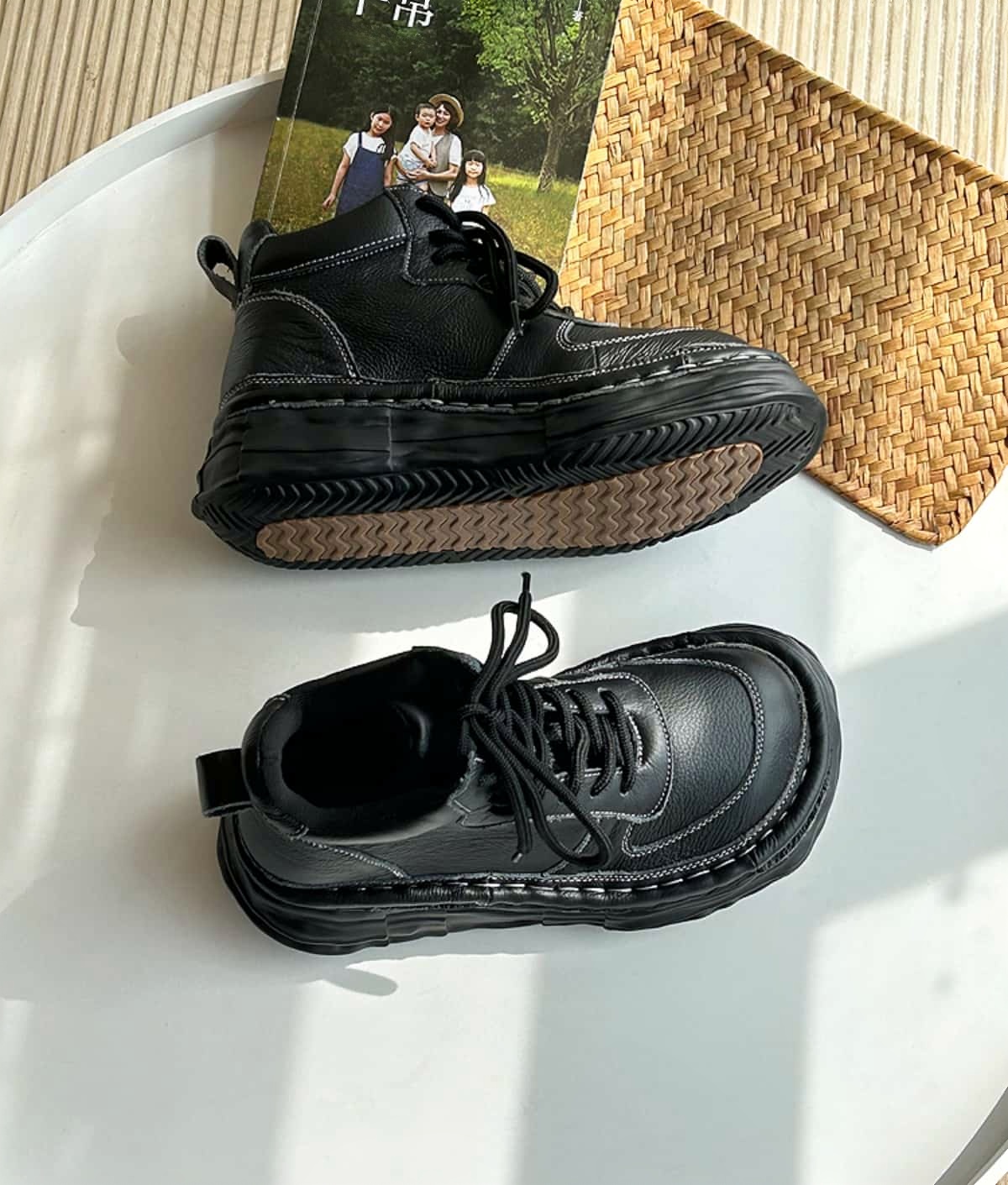 Leather round head lace-up thick-soled big-head shoes autumn heightening short boots