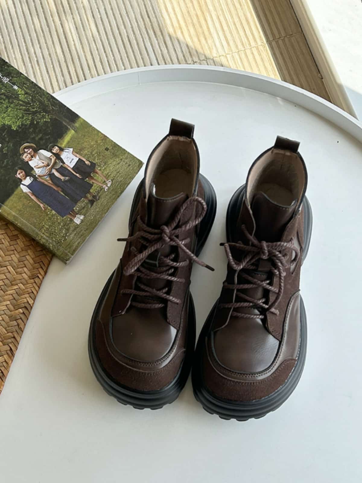 Round head lace-up thick-heeled Martin boots, new high-heeled trendy motorcycle boots, short boots for women