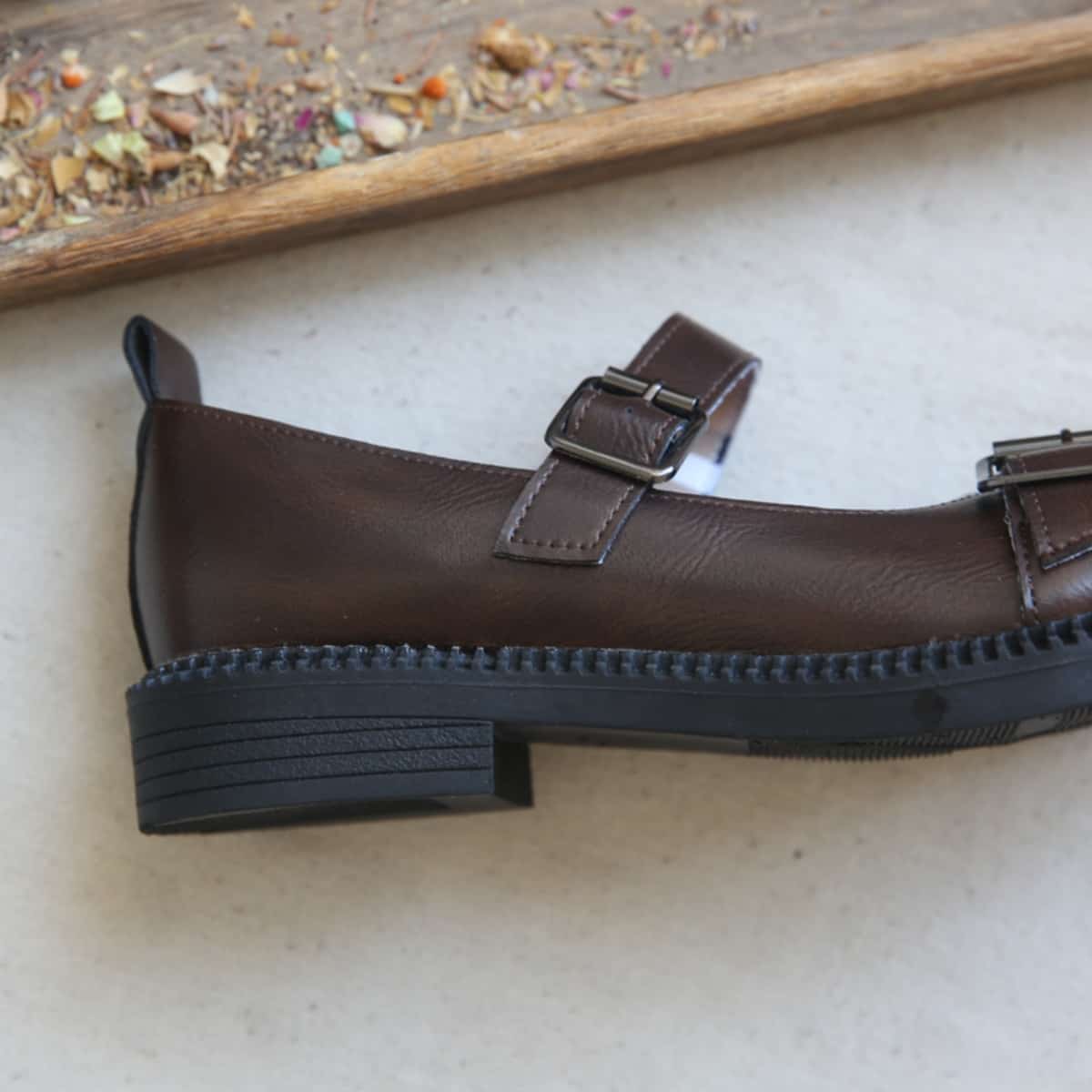 Glossy Baotou Flat Shoes Academy Style Small Leather Shoes French Medium Heel Big Head Sandals Women