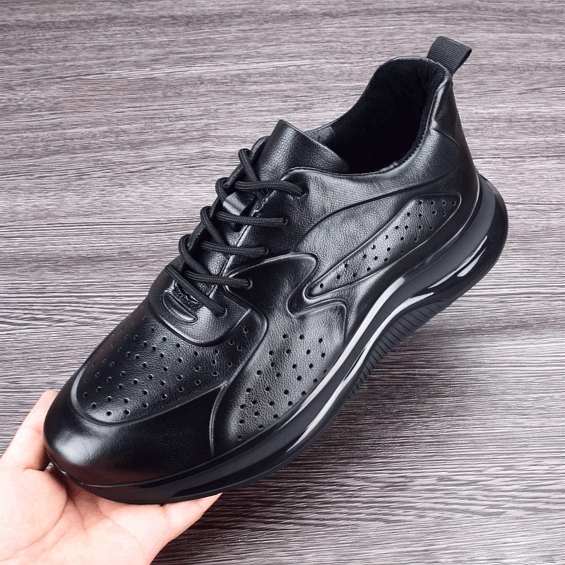 Summer hollow breathable leather first layer cowhide sports shoes men's thick-soled ultra-light shock-absorbing running shoes