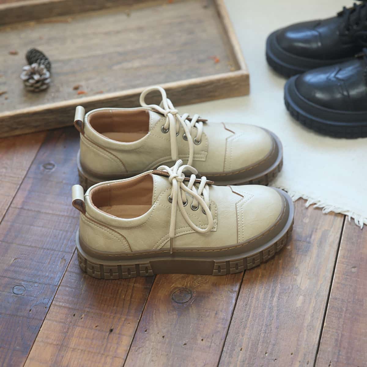 Round head lace-up platform big head shoes Spring student medium heel black shoes single shoes